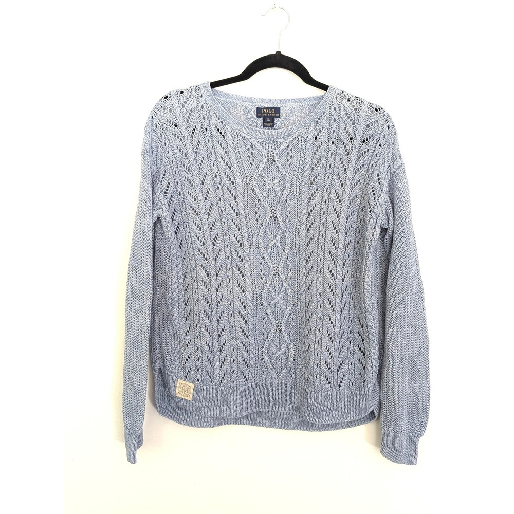 Polo Ralph Lauren Linen Sweater Women's XL Blue Pointelle Cable Knit 100% Linen